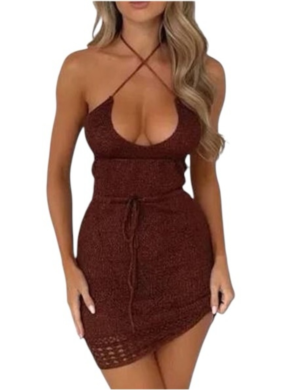NWT Outcast Braylee Metallic Brown Crochet Knit Tie Detail Halter Mini Dress - M
